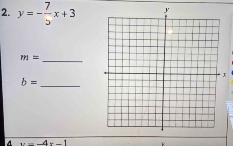 y=- 7/5 x+3
m= _
b= _ 
4 v=-4x-1
v