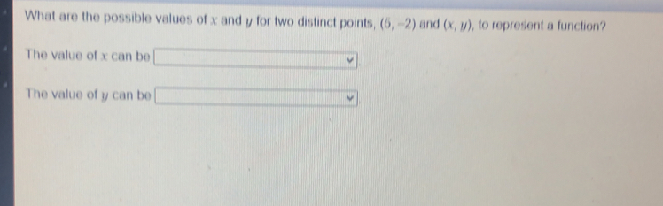 What are the possible values of x and y for two distinct points, (5,-2) and (x,y) , to represent a function?
The value of x can be
The value of y can be