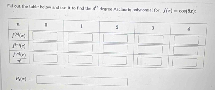 Fill out the table below and use it to find the 4^(th) degree Maclaurin polynomial for f(x)=cos (8x).
P_4(x)=□ □