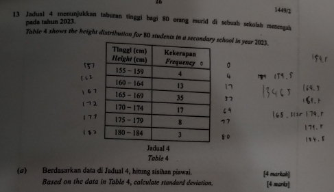 26 1449/2 
13 Jadual 4 mcnunjukkan taburan tinggi bagi 80 orang murid di sebuah sekolah meneagah 
pada tahun 2023. 
Table 4 shows the height distribution for 80 students in a secschool in year 2023. 
。 
Jadual 4 
Table 4
(σ) Berdasarkan data di Jadual 4, hitung sisihan piawai. [4 markah] 
Based on the data in Table 4, calculate standard deviation. [4 marks]