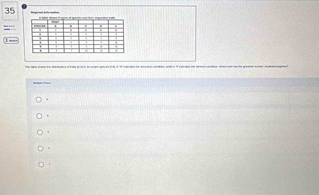 Required information 
Part 8 o1 2 
2 war 
The table shows the distribution of traits (A,E) in six extant species (16) A°C indicates the ancestral condition, while a "I" indicates the denived condition. Which trail has the greatest number of pleslomorphies? 
Mutiple Chaice 
A 
B 
。 
c