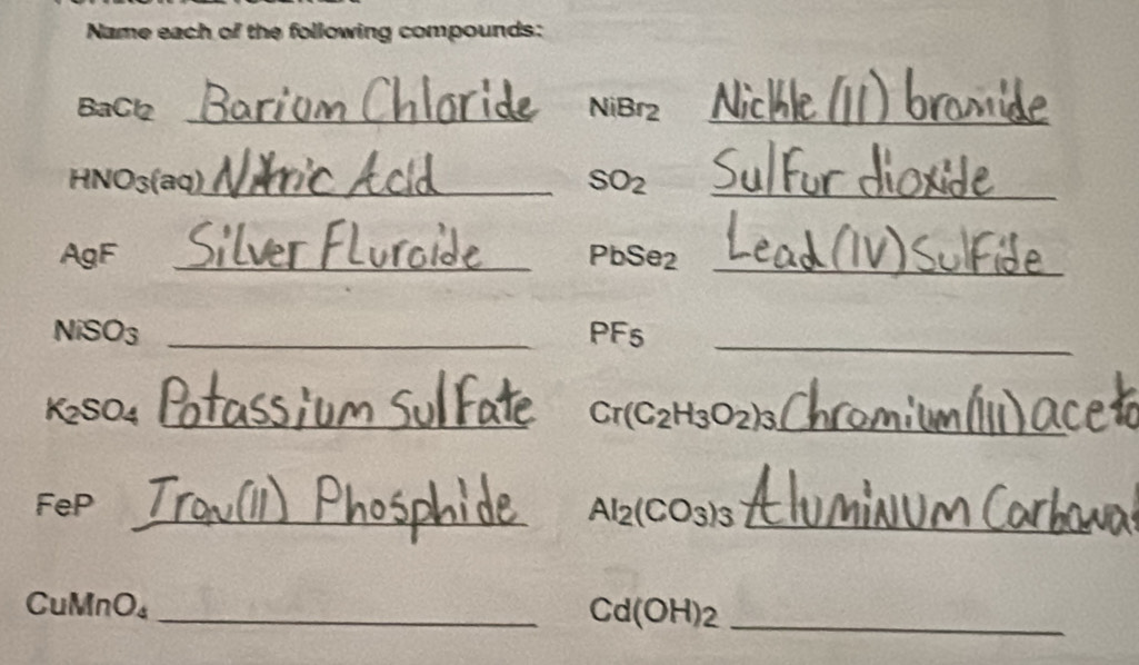 Name each of the following compounds:
BaCl2 _ NiBr2 _
HN O_3 _  SO_2 _ 
AgF _PbSe2_ 
NiSO3 _ PF_5 _
K_2SO_4 _
Cr(C_2H_3O_2)_3 _ 
FeP 
__ AI_2(CO_3)_3
CuMnO₄ _  Cd(OH)_2 _