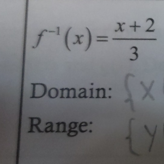 f^(-1)(x)= (x+2)/3 
Domain: 
Range: