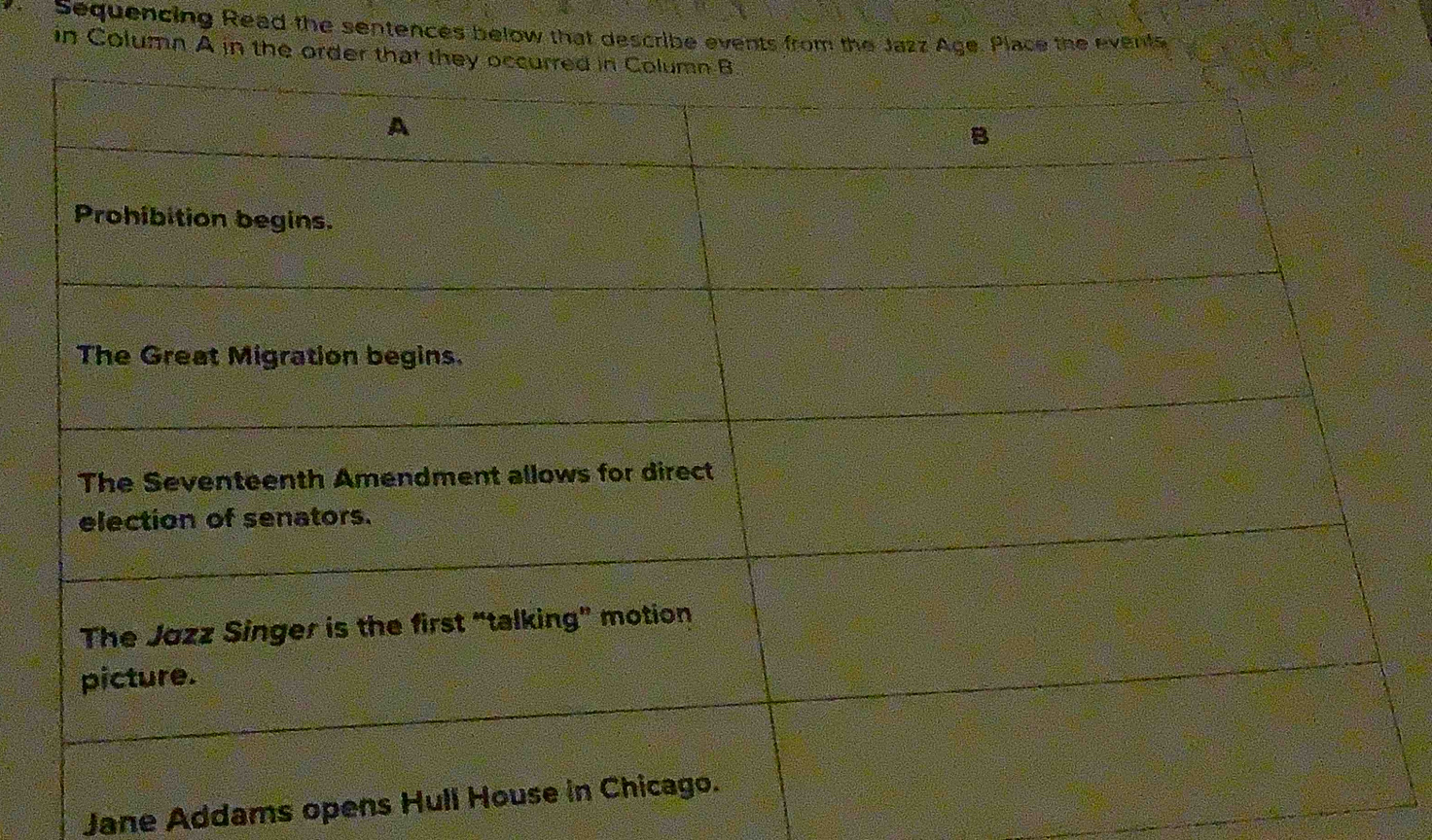 Sequencing Read the sentences below that describe events from the Jazz Age. Place the events 
in Column A in the 
Jane Addams opens Hull Ho