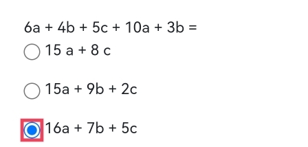 6a+4b+5c+10a+3b=
15a+8c
15a+9b+2c
16a+7b+5c