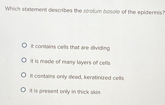 Which statement describes the stratum basale of the epidermis?
it contains cells that are dividing
it is made of many layers of cells
it contains only dead, keratinized cells
it is present only in thick skin