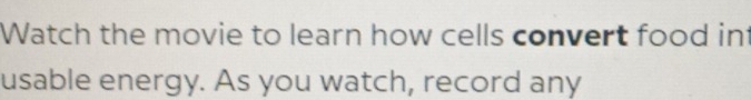 Watch the movie to learn how cells convert food in 
usable energy. As you watch, record any