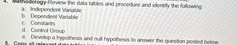 Methodology-Review the data tables and procedure and identify the following: 
a. Independent Variable 
b. Dependent Variable 
c. Constants 
d. Control Group 
e. Develop a hypothesis and null hypothesis to answer the question posted below. 
5. Copy all relevant