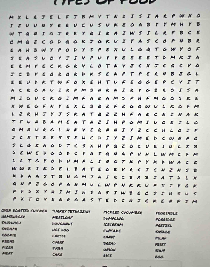 RJ E L F J B M V T N D I S I A R P W X C
IZ U U NY R R U C U S U KE O A B Y Y M H Y B
W T Q N I G JR E Y Q IR AI W S IL R F B C E
O M Q Z C A D Q A K J A K U Ι T  A S C O P N B R
E A HB W Y P O DY S P E X U L G Q T GW Y O F
S E A S U O Y J Ι V P U Y Y E E E ET  D MΚ J A
E R M V E C K G R V L O T N V Z C X  C Q C V O
J C B V E Q R Q R D K S E N P T P E R N B Z G L
E E U D K T W F O X E H T U F  E Q G E P C V I T
A C R O AU IR P M B N R N I RV G B R O IS A
M I G UC K QI M F A R A M S PH F M G O S K E
X W E G F N Y E X L B Q Z F Z G Q W U L K O F M
L Z R H J Y JS K A T Q Z Z H F A R C N IN A K
T FUN B AMEA TN ZIH P G MIUO EILO
Q M A U R G L H K V E R N N I Y Z C C H L O IF
J C X T E E S SE H C D IY Z I M E D C W N P 
S L Q Z A O D T C S X H P Q Z O C U E Ι U L X B
D E W E D G O D C Y A S Q N A P U H L W M C F M
L L T G Y O D U M P LI NG T K P Y KD W A C Z
WWE I K DE L B AT E G E V R C I C N Z NS B
K DA AS T B H O M JA I R C B A B I A T D L X
Q N P Z G O P A H M U L W P N K K U P S I Y Q K
P F DX Y H I M I H S A S I W B E O S I H S U S
P X TO V E N R O A S T E D C H IC K E N F S M
OVEN ROASTED ChIcKEN TURKEY TETRAZZINI picKLED CUCumbER VEGETABLE
HAmbURger MEATLOAF dumpling Porridge
saDWICh Doughnut ICeCream PRETZEL
SASHIMI HOT DOG CUPCAKE SASAGE
coakie CHESSE CANDY PILAF
KEBAB curry BREAD FLIES
PIZZA SUSHI onion soup
MEAT CAKE RiCe