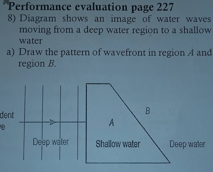 A Performance evaluation page 227 
8) Diagram shows an image of water waves 
moving from a deep water region to a shallow 
water 
a) Draw the pattern of wavefront in region A and 
region B.