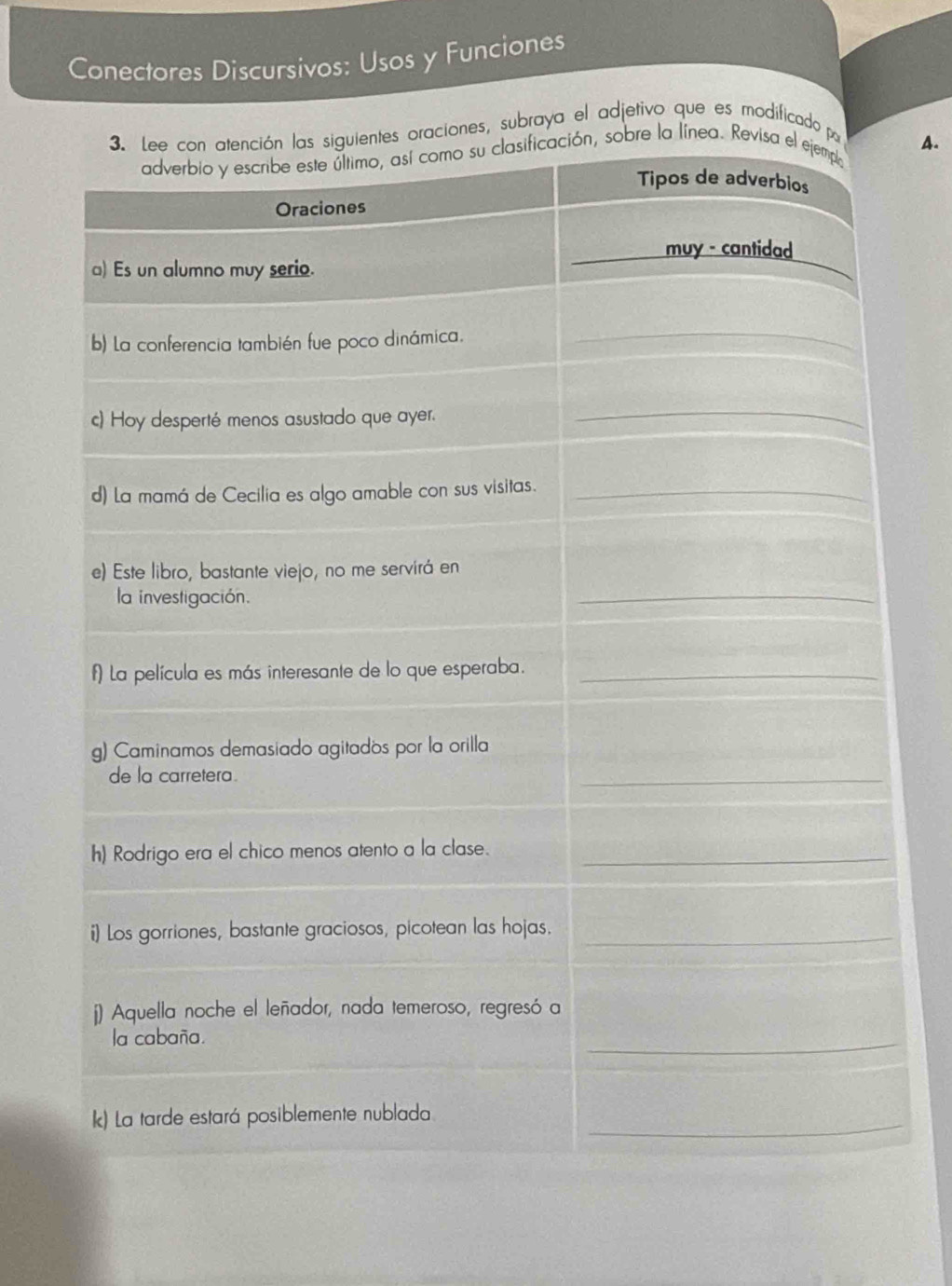 Conectores Discursivos: Usos y Funciones 
, subraya el adjetivo que es modificad 
4.