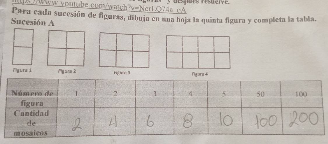 is y despues resuerve. 
htps://www.voutube.com/watch?v=NcrLQ74a oA 
Para cada sucesión de figuras, dibuja en una hoja la quinta figura y completa la tabla. 
Sucesión A 
Figura 1 Figura 2 Figura 3 Figura 4