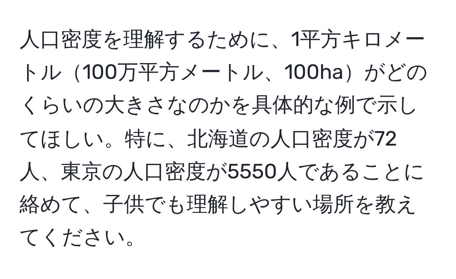 人口密度を理解するために、1平方キロメートル100万平方メートル、100haがどのくらいの大きさなのかを具体的な例で示してほしい。特に、北海道の人口密度が72人、東京の人口密度が5550人であることに絡めて、子供でも理解しやすい場所を教えてください。