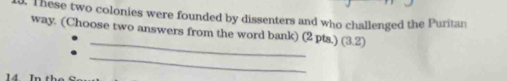 These two colonies were founded by dissenters and who challenged the Puritan 
_ 
way. (Choose two answers from the word bank) (2 pts.) (3.2)
14 
_