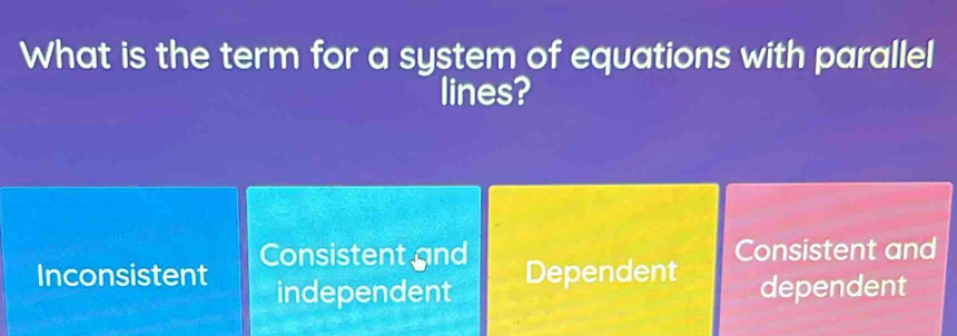 What is the term for a system of equations with parallel
lines?
Inconsistent Consistent and
Consistent and
independent Dependent
dependent