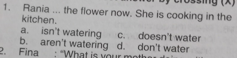 Rania ... the flower now. She is cooking in the
kitchen.
a. isn't watering c. doesn't water
b. aren't watering d. don't water
2. Fina : “What is your mo