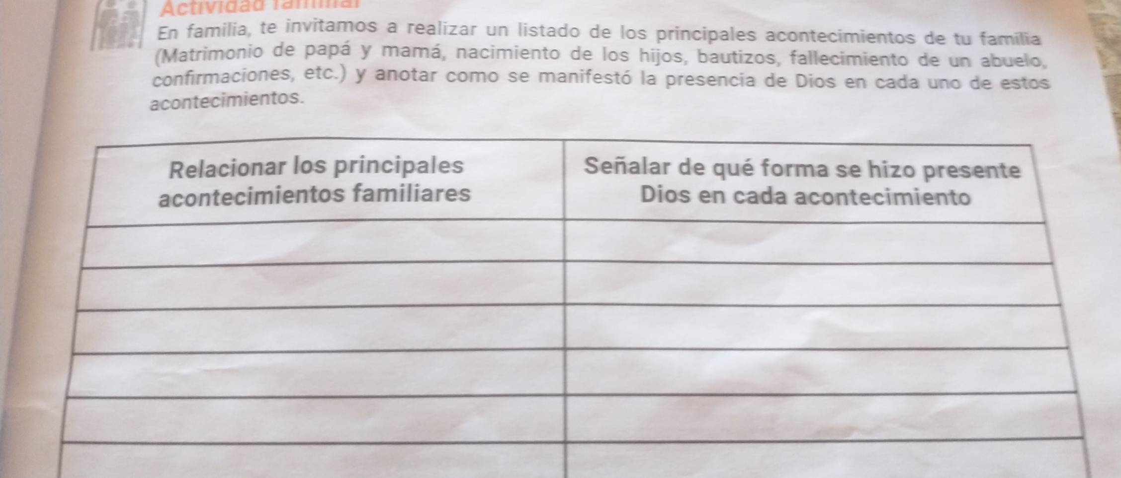 Actividad rama 
En familia, te invitamos a realizar un listado de los principales acontecimientos de tu família 
(Matrimonio de papá y mamá, nacimiento de los hijos, bautizos, fallecimiento de un abuelo, 
confirmaciones, etc.) y anotar como se manifestó la presencia de Dios en cada uno de estos 
acontecimientos.