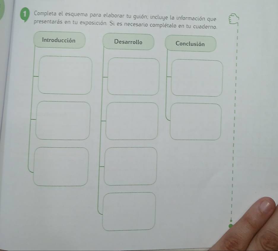 Completa el esquema para elaborar tu guión; incluye la información que 
presentarás en tu exposición. Si es necesario complétalo en tu cuaderno. 
Introducción Desarrollo Conclusión