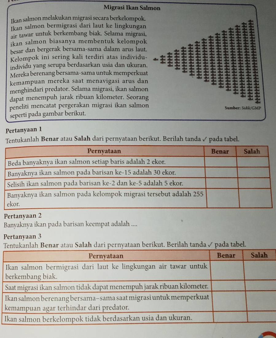 Migrasi Ikan Salmon 
Ikan salmon melakukan migrasi secara berkelompok. 
Ikan salmon bermigrasi dari laut ke lingkungan 
air tawar untuk berkembang biak. Selama migrasi, 
ikan salmon biasanya membentuk kelompok 
besar dan bergerak bersama-sama dalam arus laut. 
Kelompok ini sering kali terdiri atas individu- 
: a 
individu yang serupa berdasarkan usia dan ukuran. 
Mereka berenang bersama-sama untuk memperkuat 
kemampuan mereka saat menavigasi arus dan a 
menghindari predator. Selama migrasi, ikan salmon 
dapat menempuh jarak ribuan kilometer. Seorang 
peneliti mencatat pergerakan migrasi ikan salmon Sumber: Sidik/GMP 
seperti pada gambar berikut. 
Pertanyaan 1 
Tentukanlah Benar atau Salah dari pernyataan berikut. Berilah tanda✓ pada tabel. 
Pertanyaan 2 
Banyaknya ikan pada barisan keempat adalah .... 
Pertanyaan 3 
Tentukanlah Benar atau Salah dari pernyataan berikut. Berilah tanda ✓ pada tabel.