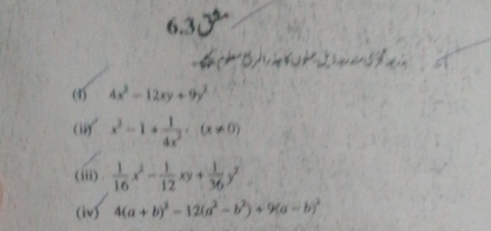 6.3 

(4) 4x^2-12xy+9y^2
(i x^2-1+ 1/4x^2 · (x!= 0)
(iii) .  1/16 x^2- 1/12 xy+ 1/36 y^2
(iv) 4(a+b)^2-12(a^2-b^2)+9(a-b)^2