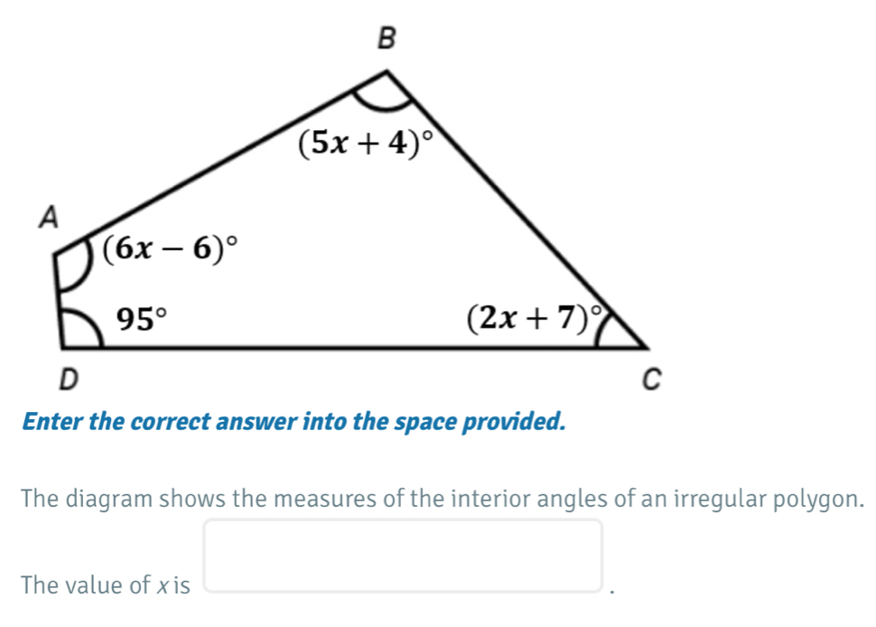 The diagram shows the measures of the interior angles of an irregular polygon.
The value of xis