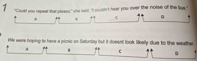 1 "Could you repeat that please," she said. "I couldn't hear you over the noise of the bus."
A
B
C
D
We were hoping to have a picnic on Saturday but it doesnt look likely due to the weather.
A
B
C
D