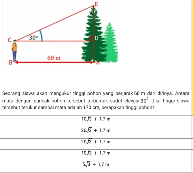 Seorang siswa akan mengukur tinggi pohon yang berjarak 60 m dari dirinya. Antara
mata dengan puncak pohon tersebut terbentuk sudut elevasi 30°. Jika tinggi siswa
tersebut terukur sampai mata adalah 170 cm, berapakah tinggi pohon?
overline 10sqrt(3)+1,7m
20sqrt(2)+1,7m
20sqrt(3)+1,7m
overline 10sqrt(3)+1,7m
5sqrt(3)+1,7m