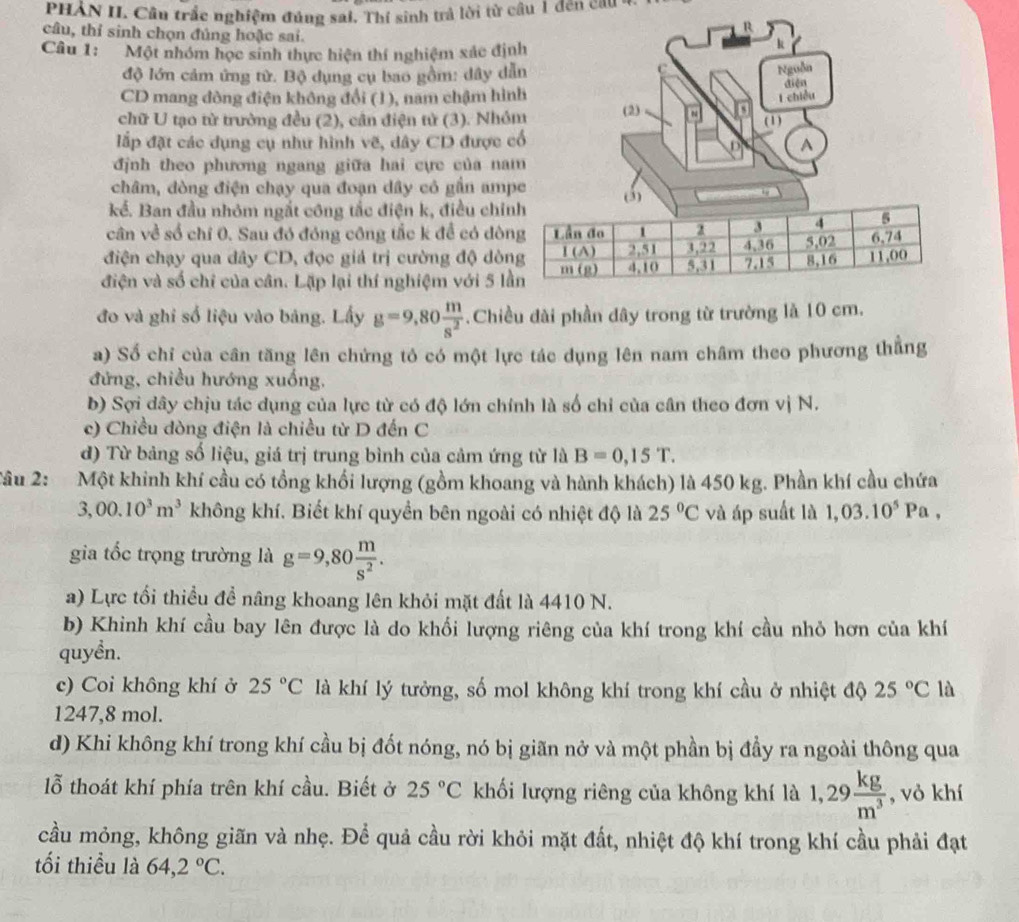 PHAN II. Câu trắc nghiệm đúng sai. Thí sinh trả lời từ câu 1 đến câu y
câu, thỉ sinh chọn đủng hoặc sai.
R
Câu 1: Một nhóm học sinh thực hiện thí nghiệm xác định
k
độ lớn cảm ứng tử. Bộ dụng cụ bao gồm: dây dẫn
c Nguồn
CD mang đòng điện không đổi (1), nam chậm hình diện
chữ U tạo từ trường đều (2), cân điện tử (3). Nhóm (2) I chiều
đấp đặt các dụng cụ như hình vẽ, dây CD được cổ (1)
D A
định theo phương ngang giữa hai cực của nam
châm, dòng điện chạy qua đoạn dây có gần ampe
kế. Ban đầu nhóm ngắt công tắc điện k, điều chí(3)
cân về số chí 0. Sau đó đóng công tắc k để có dò
điện chạy qua dây CD, đọc giả trị cường độ dò
điện và số chỉ của cân. Lặp lại thí nghiệm với 5 l
đo và ghi số liệu vào bảng. Lấy g=9,80 m/s^2 . Chiều đài phần dây trong từ trường là 10 cm.
a) Số chỉ của cân tăng lên chứng tỏ có một lực tác dụng lên nam châm theo phương thẳng
đứng, chiều hướng xuống,
b) Sợi dây chịu tác dụng của lực từ có độ lớn chính là số chỉ của cân theo đơn vị N.
c) Chiều dòng điện là chiều từ D đến C
d) Từ bảng số liệu, giá trị trung bình của cảm ứng từ là B=0,15T.
âu 2: Một khinh khí cầu có tổng khối lượng (gồm khoang và hành khách) là 450 kg. Phần khí cầu chứa
3,00.10^3m^3 không khí. Biết khí quyền bên ngoài có nhiệt độ là 25°C và áp suất là 1,03.10^5Pa,
gia tốc trọng trường là g=9,80 m/s^2 .
a) Lực tối thiều đề nâng khoang lên khỏi mặt đất là 4410 N.
b) Khinh khí cầu bay lên được là do khối lượng riêng của khí trong khí cầu nhỏ hơn của khí
quyền.
c) Coi không khí ở 25°C là khí lý tưởng, số mol không khí trong khí cầu ở nhiệt độ 25°C là
1247,8 mol.
d) Khi không khí trong khí cầu bị đốt nóng, nó bị giãn nở và một phần bị đầy ra ngoài thông qua
lỗ thoát khí phía trên khí cầu. Biết ở 25°C khối lượng riêng của không khí là 1,29 kg/m^3  , vỏ khí
cầu mỏng, không giãn và nhẹ. Để quả cầu rời khỏi mặt đất, nhiệt độ khí trong khí cầu phải đạt
tối thiều là 64,2°C.