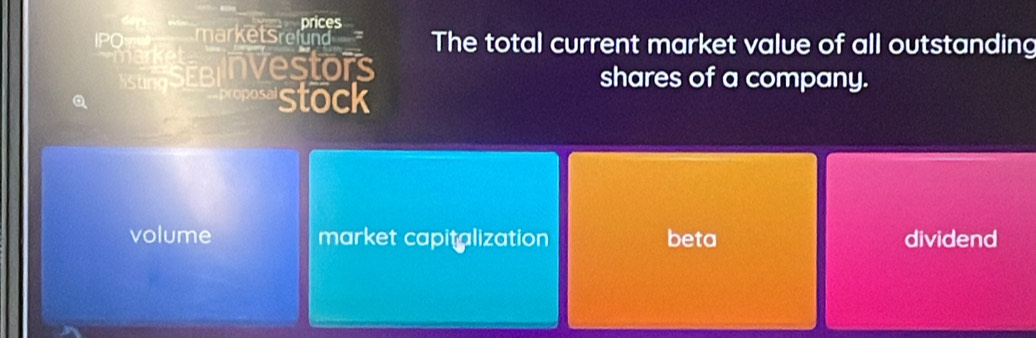 prices
IPO marketsrelund The total current market value of all outstanding
marker
SUsEBInvestors
shares of a company.
Q
proposeStock
volume market capitalization beta dividend