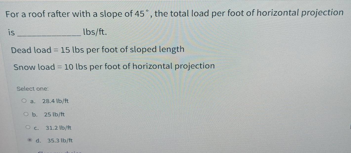 Solved: For a roof rafter with a slope of 45° , the total load per foot ...
