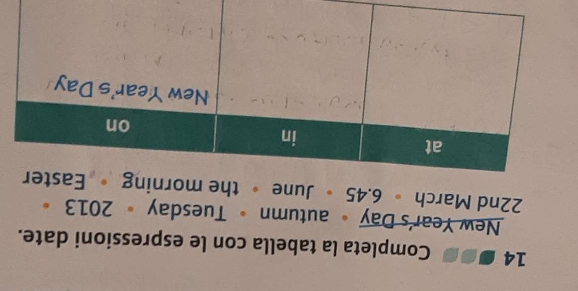 14 øøø Completa la tabella con le espressioni date. 
New Year's Day 。 autumn 。 Tuesday 。 2013 。 
22nd March 6.45 。 June the morning