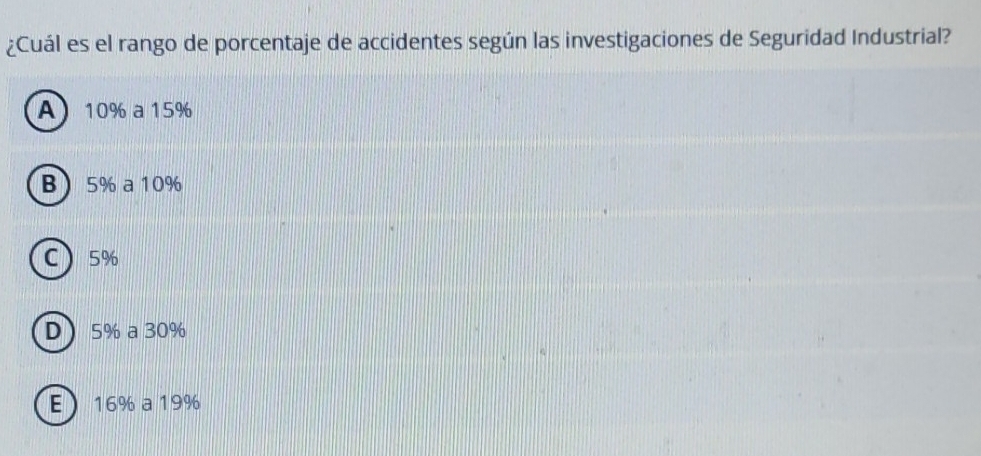 ¿Cuál es el rango de porcentaje de accidentes según las investigaciones de Seguridad Industrial?
A 10% a 15%
B 5% a 10%
C 5%
D 5% a 30%
E 16% a 19%