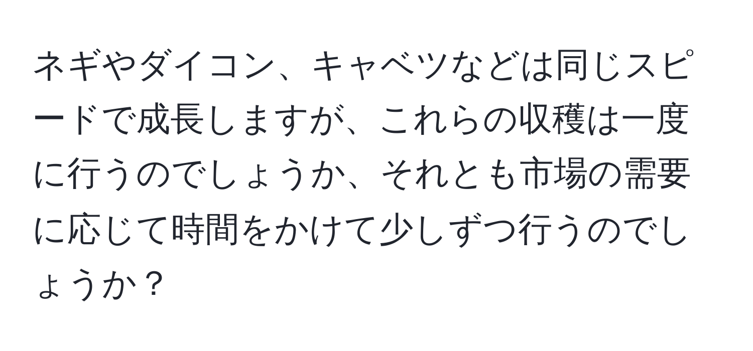 ネギやダイコン、キャベツなどは同じスピードで成長しますが、これらの収穫は一度に行うのでしょうか、それとも市場の需要に応じて時間をかけて少しずつ行うのでしょうか？