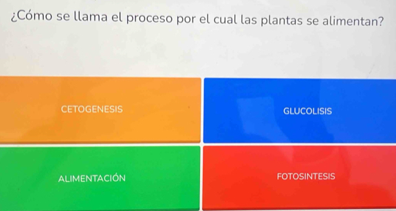 ¿Cómo se llama el proceso por el cual las plantas se alimentan?
CETOGENESIS GLUCOLISIS
ALIMENTACIÓN FOTOSINTESIS