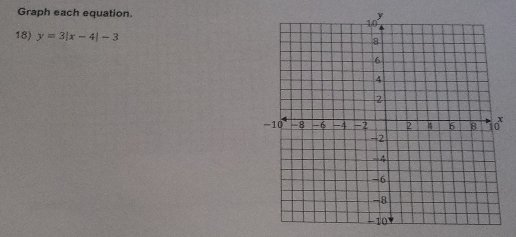 Graph each equation. 
18) y=3|x-4|-3