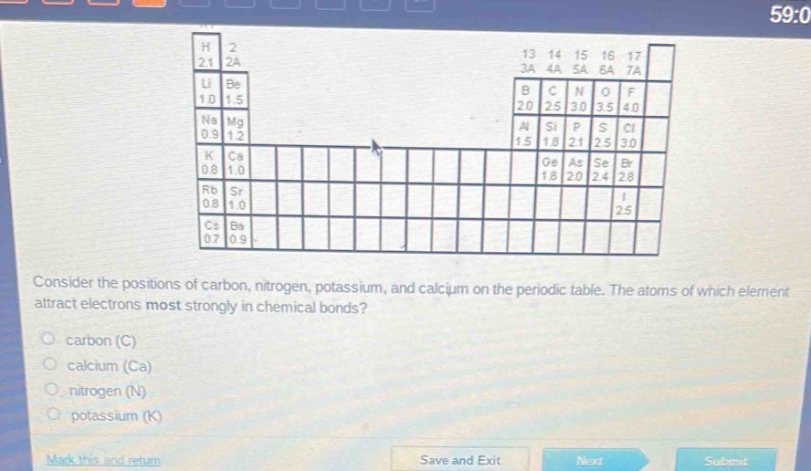 59:0 
Consider the positions of carbon, nitrogen, potassium, and calciμm on the periodic table. The atoms of which element
attract electrons most strongly in chemical bonds?
carbon (C)
calcium (Ca)
nitrogen (N)
potassium (K)
Mark this and retur Save and Exit Next Submit