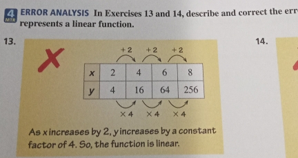 ERROR ANALYSIS In Exercises 13 and 14, describe and correct the err 
represents a linear function. 
13. 14.
+ 2 +2 +2
x
×4 * 4 * 4
As x increases by 2, yincreases by a constant 
factor of 4. So, the function is linear.