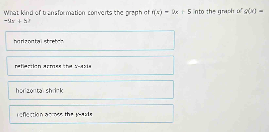 What kind of transformation converts the graph of f(x)=9x+5 into the graph of g(x)=
-9x+5 ?
horizontal stretch
reflection across the x-axis
horizontal shrink
reflection across the y-axis