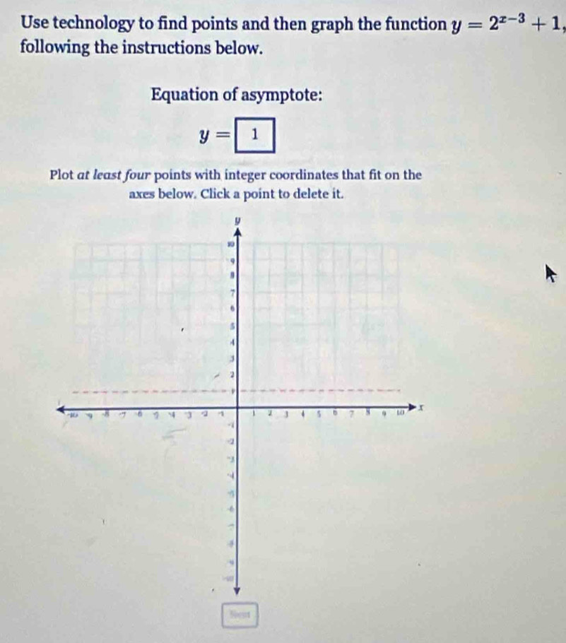 Use technology to find points and then graph the function y=2^(x-3)+1, 
following the instructions below. 
Equation of asymptote:
y=1
Plot at least four points with integer coordinates that fit on the 
axes below. Click a point to delete it. 
Nest