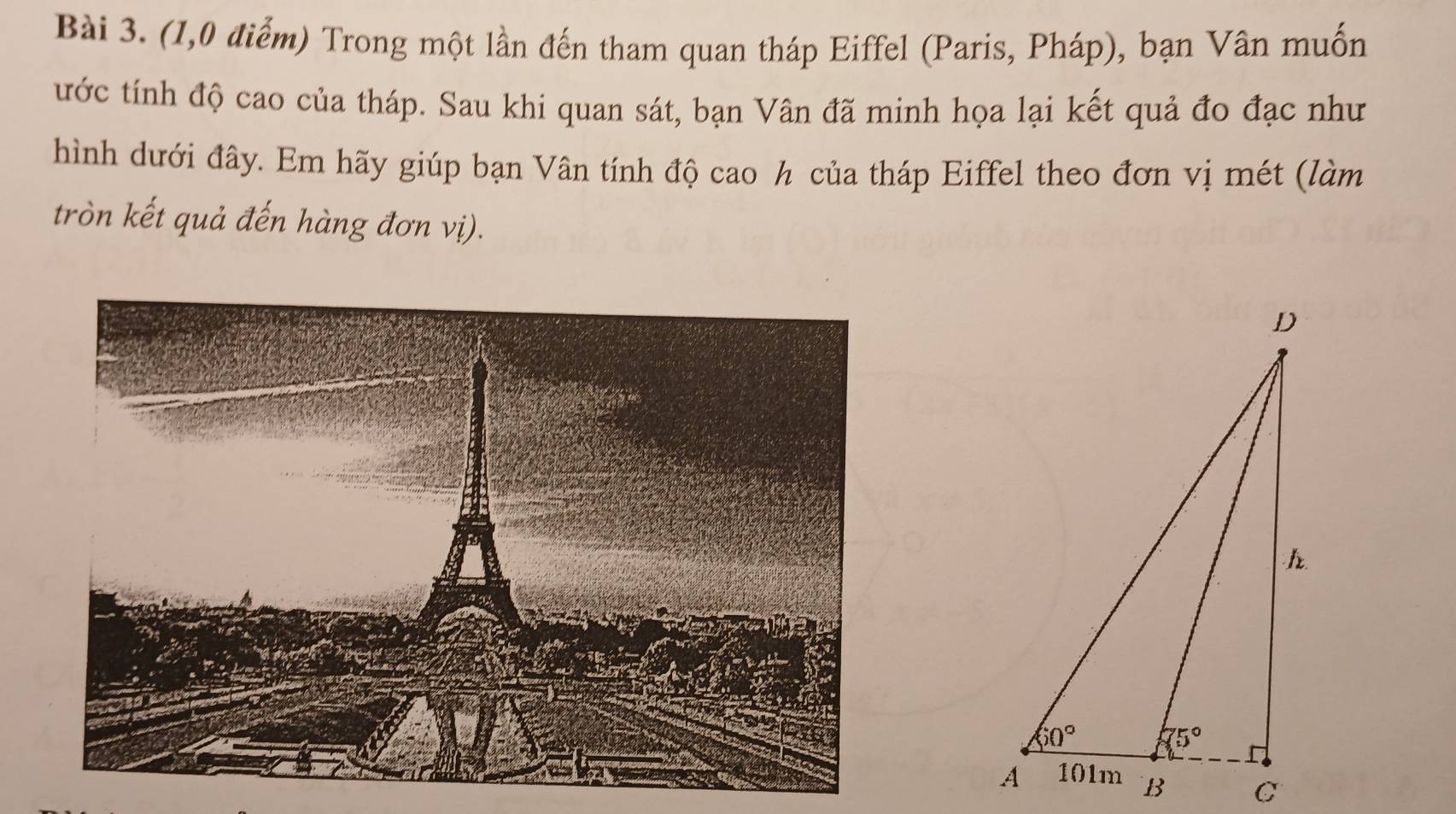 (1,0 điểm) Trong một lần đến tham quan tháp Eiffel (Paris, Pháp), bạn Vân muốn
tước tính độ cao của tháp. Sau khi quan sát, bạn Vân đã minh họa lại kết quả đo đạc như
hình dưới đây. Em hãy giúp bạn Vân tính độ cao h của tháp Eiffel theo đơn vị mét (làm
tròn kết quả đến hàng đơn vị).