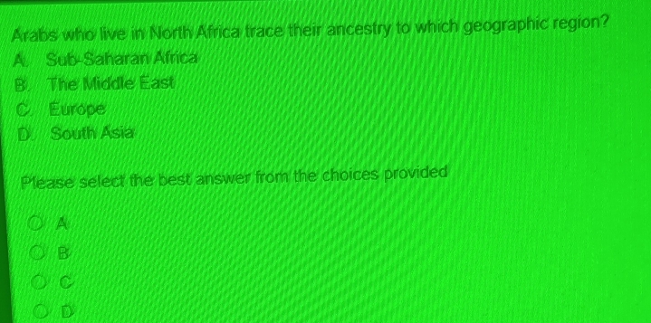 Arabs who live in North Africa trace their ancestry to which geographic region?
A. Sub-Saharan Africa
B The Middle East
C. Europe
D. South Asia
Please select the best answer from the choices provided
A
B
C
D