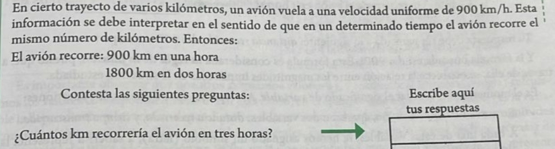En cierto trayecto de varios kilómetros, un avión vuela a una velocidad uniforme de 900 km/h. Esta 
información se debe interpretar en el sentido de que en un determinado tiempo el avión recorre el 
mismo número de kilómetros. Entonces: 
El avión recorre: 900 km en una hora
1800 km en dos horas 
Contesta las siguientes preguntas: Escribe aquí 
tus respuestas 
¿Cuántos km recorrería el avión en tres horas?