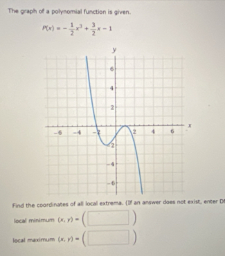 The graph of a polynomial function is given.
P(x)=- 1/2 x^3+ 3/2 x-1
Find the coordinates of all local extrema. (If an answer does not exist, enter D
local minimum (x,y)=
local maximum (x,y)=