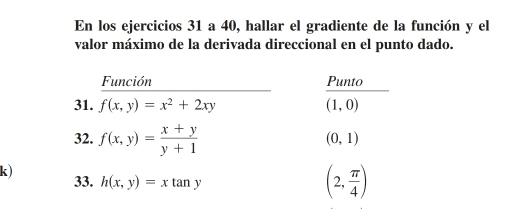 En los ejercicios 31 a 40, hallar el gradiente de la función y el 
valor máximo de la derivada direccional en el punto dado. 
Función Punto 
31. f(x,y)=x^2+2xy (1,0)
32. f(x,y)= (x+y)/y+1 
(0,1)
k) 33. h(x,y)=xtan y
(2, π /4 )