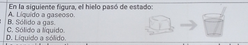 En la siguiente figura, el hielo pasó de estado:
A. Líquido a gaseoso.
B. Sólido a gas.
C. Sólido a líquido.
D. Líquido a sólido.