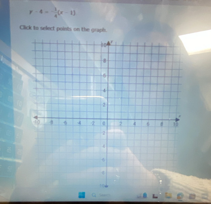 y-4=- 1/4 (x-1)
Click to select points on the graph. 
QSearch