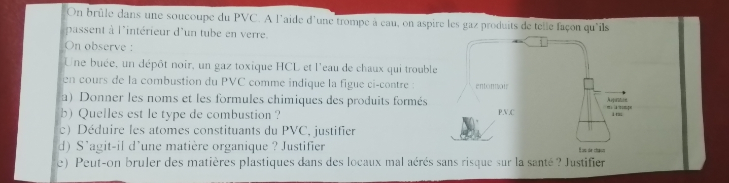 On brûle dans une soucoupe du PVC. A l'aide d'une trompe à eau, on aspire les gaz produits de telle façon qu'ils 
passent à l'intérieur d'un tube en verre. 
On observe : 
Une buée, un dépôt noir, un gaz toxique HCL et l'eau de chaux qui trouble 
en cours de la combustion du PVC comme indique la figue ci-contre : 
a) Donner les noms et les formules chimiques des produits formés 
b) Quelles est le type de combustion ? 
c) Déduire les atomes constituants du PVC, justifier 
d) S'agit-il d'une matière organique ? Justifier 
e) Peut-on bruler des matières plastiques dans des locaux mal aérés sans risque sur la santé? Justifier