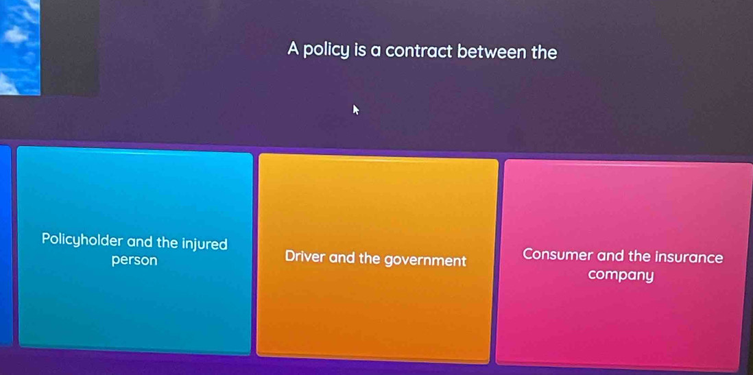 A policy is a contract between the
Policyholder and the injured Driver and the government Consumer and the insurance
person
company