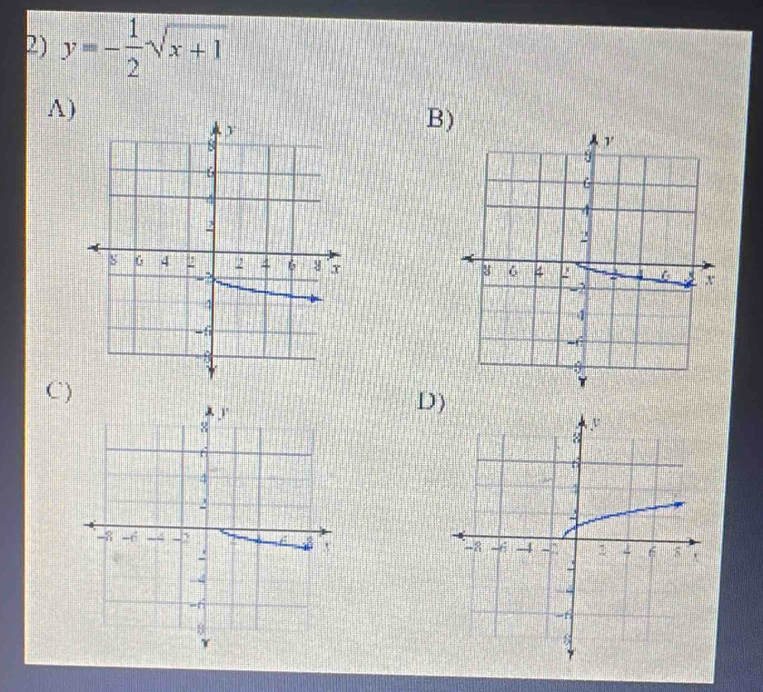 y=- 1/2 sqrt(x+1)
A) 
B) 
C) 
D)