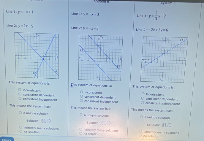 System B System C
Line 1:y=-x+1 Line 1:y=-x+3 Line 1:y= 2/3 x+2
Line 2: y=2x-5 Line 2: y=-x-3 Line 2: -2x+3y=6

This system of equations is: his system of equations is: This system of equations is:
Inconsistent Inconsistent Inconsistent
consistent dependent consistent dependent consistent dependent
consistent independent consistent independent consistent independent
This means the system has: This means the system has: This means the system has:
a unique solution a unique solution a unique solution
Solution : Solution: Solution:
Infinitely many solutions infinitely many solutions infinitely many solutions
no solution no solution no solution
Check